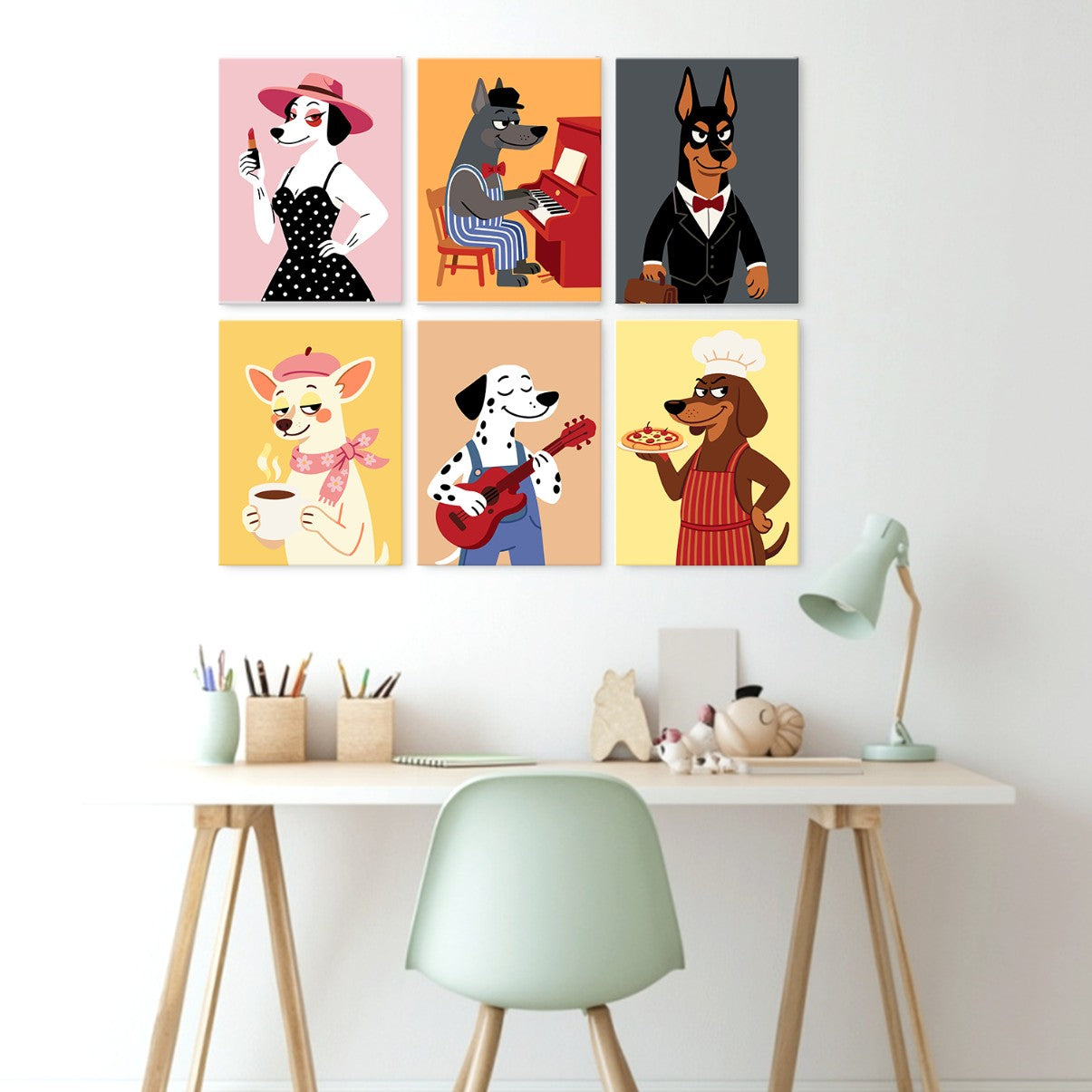 6 Wooden Board Mini Paintings – Dapper Dogs