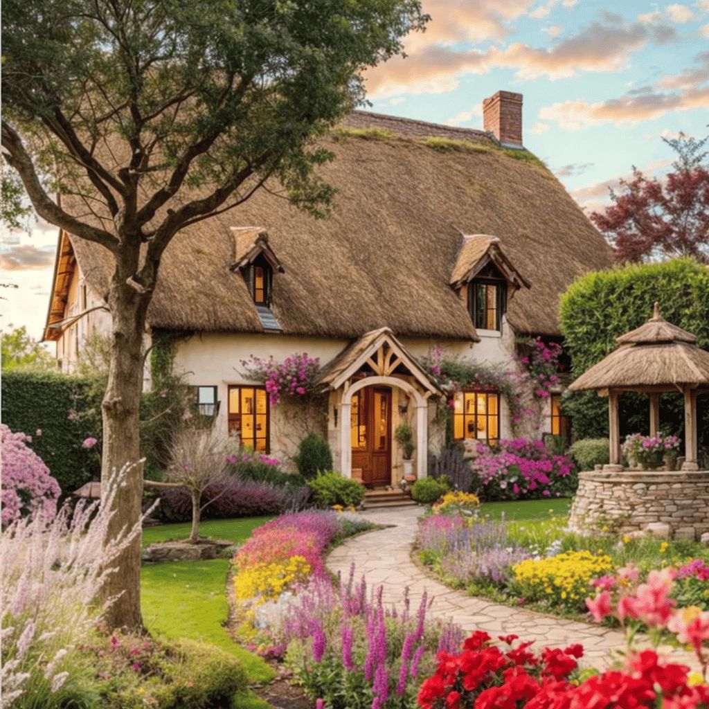 Thatched Cottage with Flower Garden - Diamond Painting
