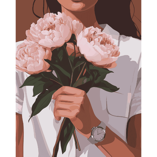 Woman holding Peonies | Paint by Numbers-Paint by numbers