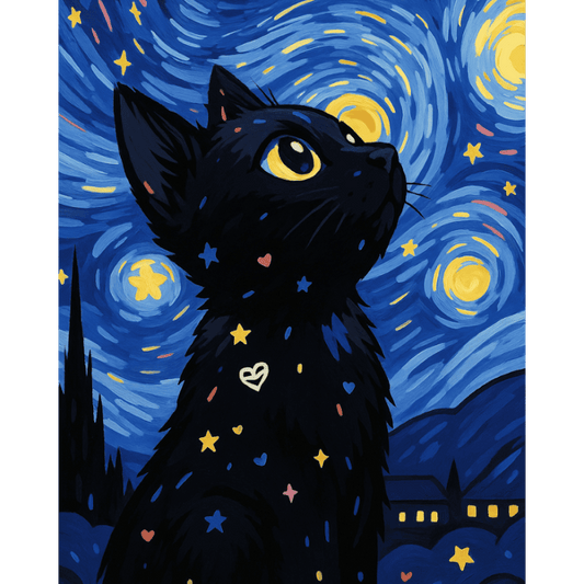 Cat at the Starry Night | Paint by Number-Paint by numbers