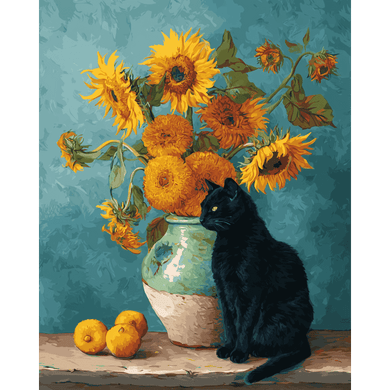 Famous sunflowers and a black cat | Paint by Number