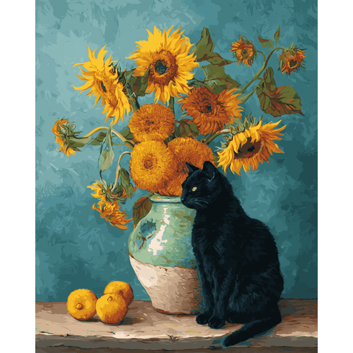 Famous sunflowers and a black cat | Paint by Number