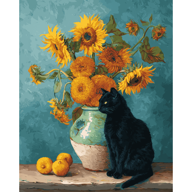 Famous sunflowers and a black cat | Paint by Number