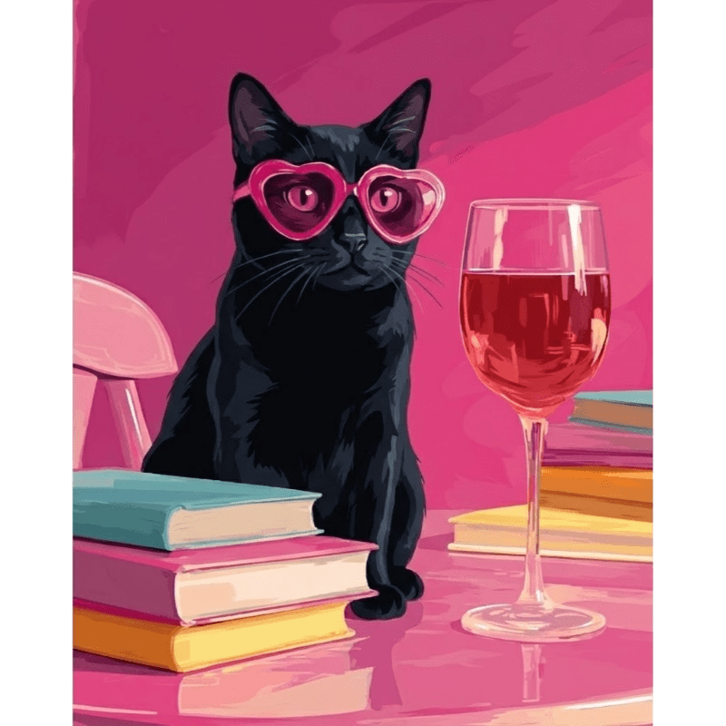Black Cat at the Pink Table | Paint by Number- Paint by Numbers