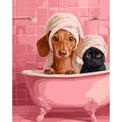 Dachshund & Cat in Bath | Paint by Number- Paint by Numbers