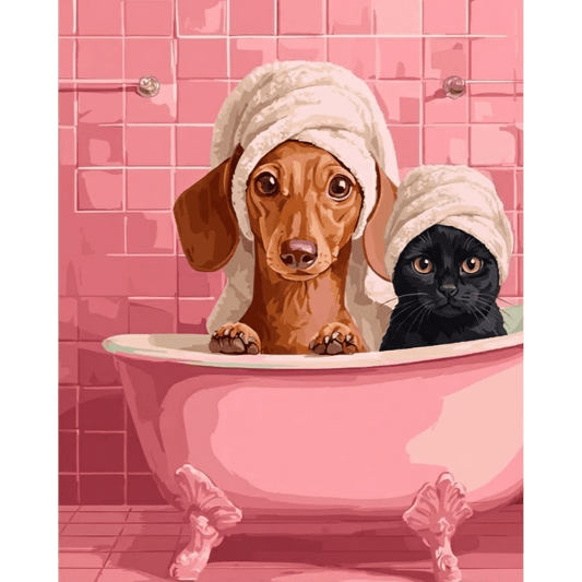 Dachshund & Cat in Bath | Paint by Number- Paint by Numbers