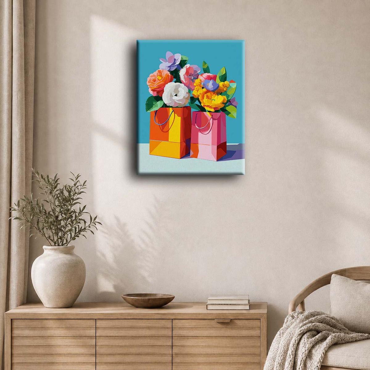 Blomster i papirpose | Maleri etter tall