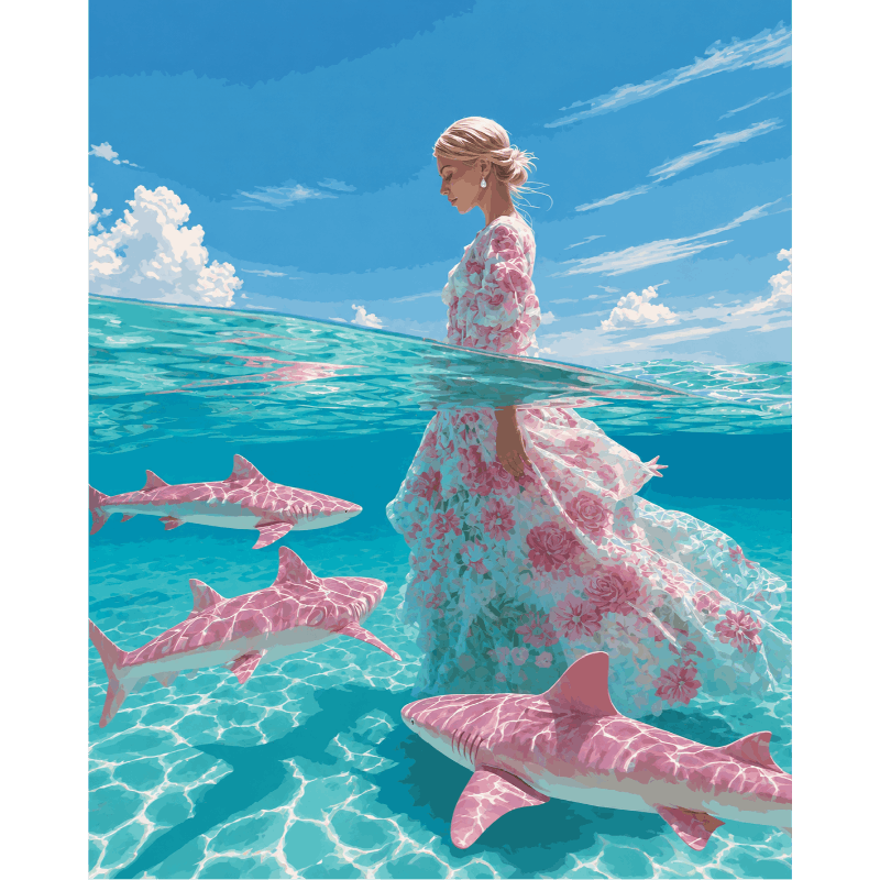 Pink Sharks | Paint by Number- Paint by Numbers