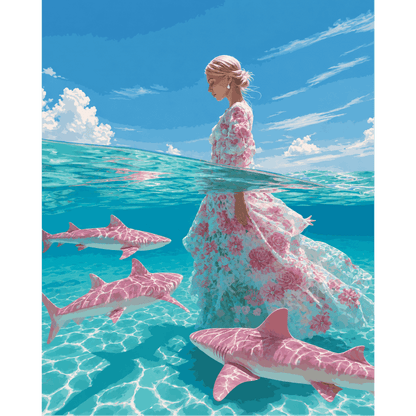 Pink Sharks | Paint by Number- Paint by Numbers