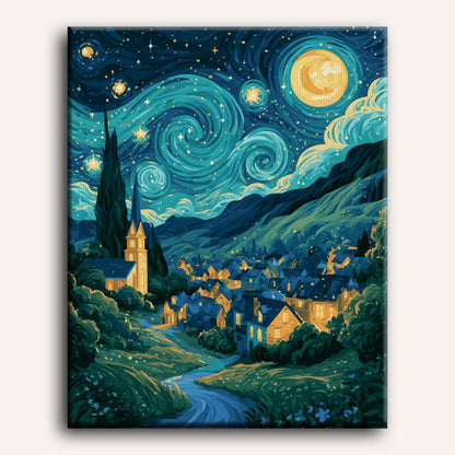 Notte stellata nel villaggio | Dipingi con i numeri