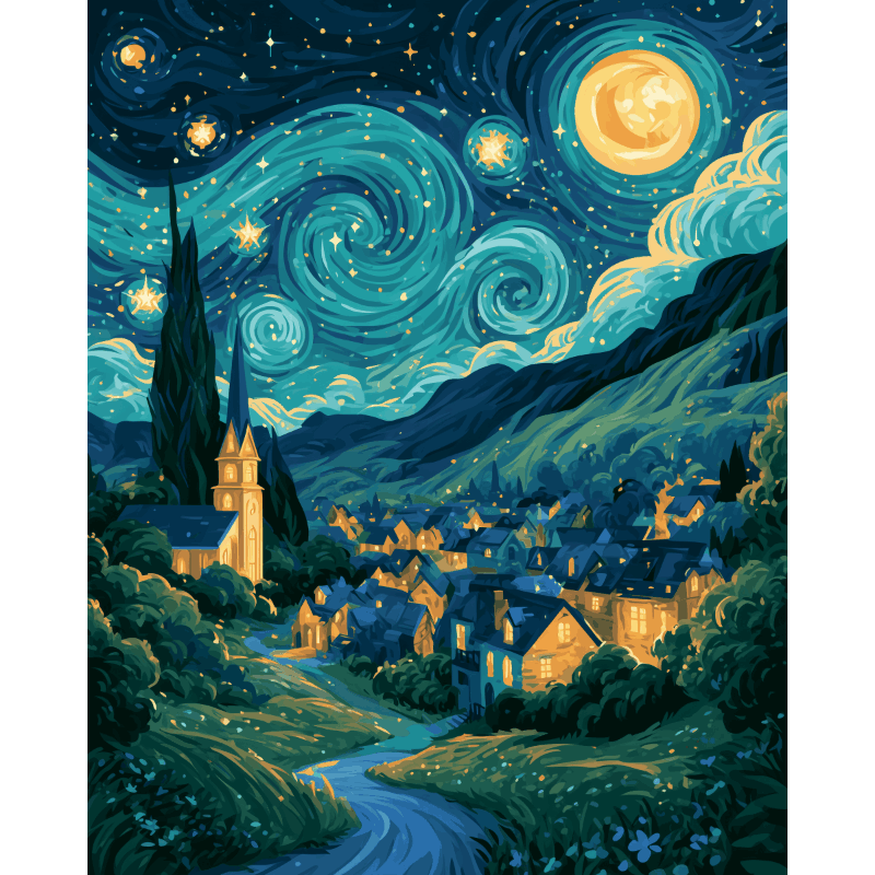 Starry Village Night | Paint by Number - Paint by numbers