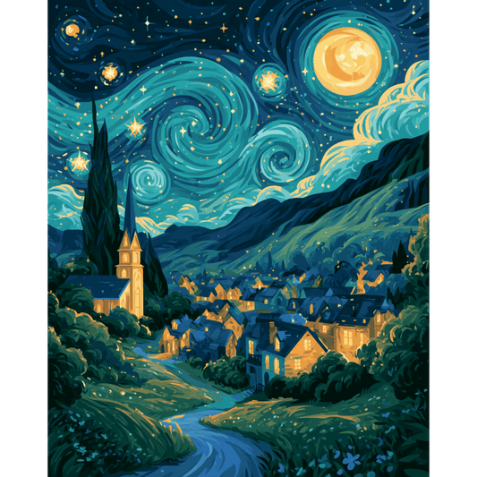 Starry Village Night | Paint by Number - Paint by numbers