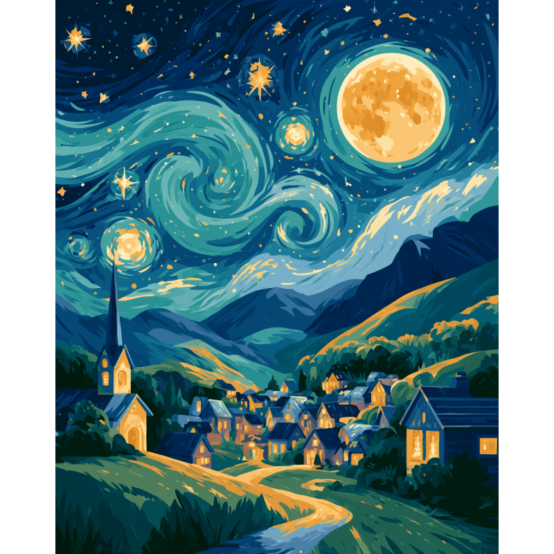 Starry Hillside Village | Paint by Number - Paint by numbers