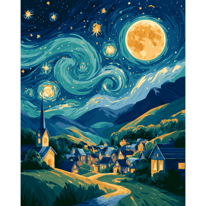 Starry Hillside Village | Paint by Number - Paint by numbers