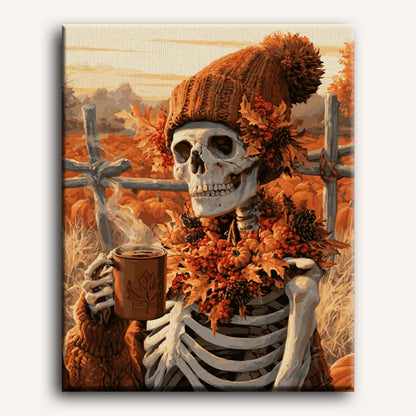 Le café d'automne du squelette | Peinture à numéros