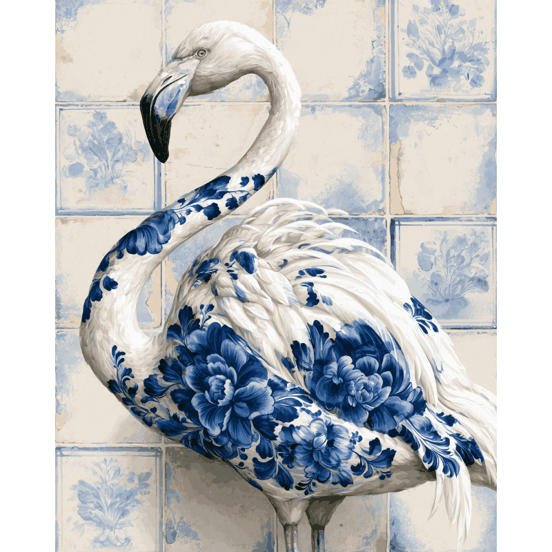 Flamingo on Delft Tile | Paint by Number - Paint by numbers