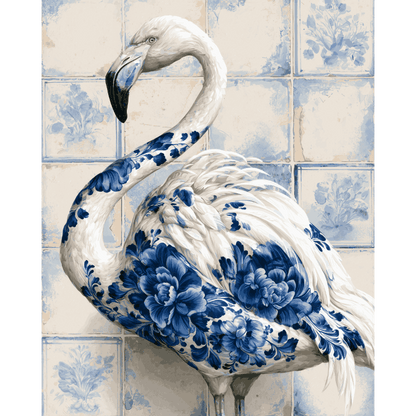Flamingo on Delft Tile | Paint by Number - Paint by numbers