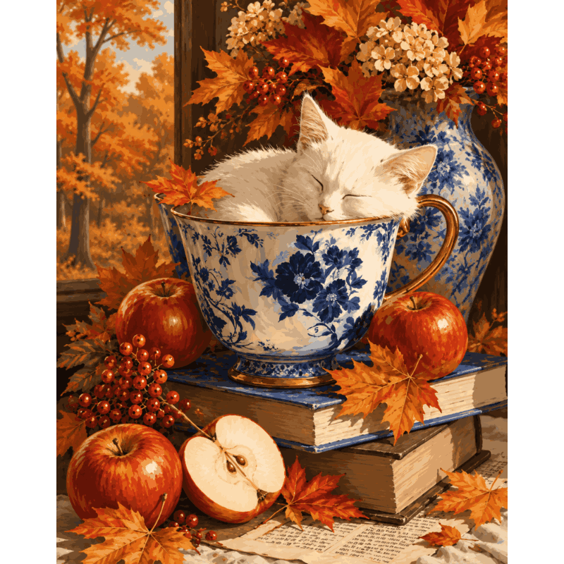 Autumn Teacup Cat | Paint by Number - Paint by numbers