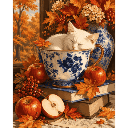 Autumn Teacup Cat | Paint by Number - Paint by numbers