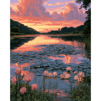 Sunset Lily Pond | Paint by Number - Paint by numbers