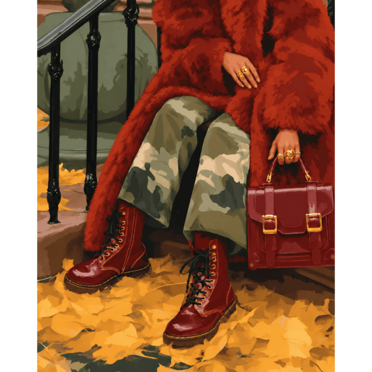 Red Fur Coat Stairs | Paint by Number