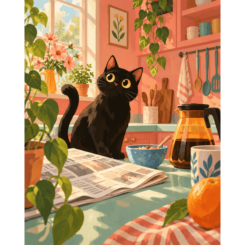 Black Cat Kitchen Morning | Paint by Number