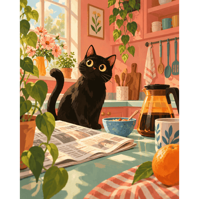 Black Cat Kitchen Morning | Paint by Number