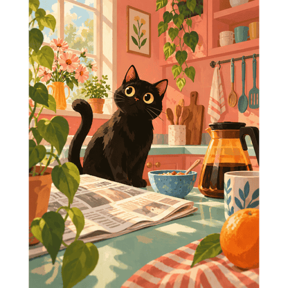 Black Cat Kitchen Morning | Paint by Number