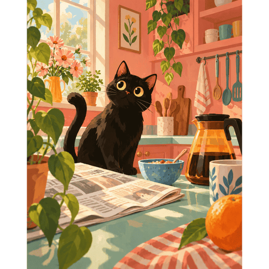 Black Cat Kitchen Morning | Paint by Number