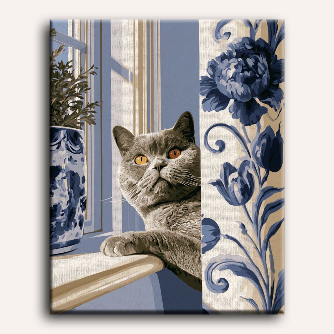 Chat au rideau de porcelaine bleue | Peinture à numéros
