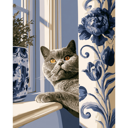 Chat au rideau de porcelaine bleue | Peinture à numéros
