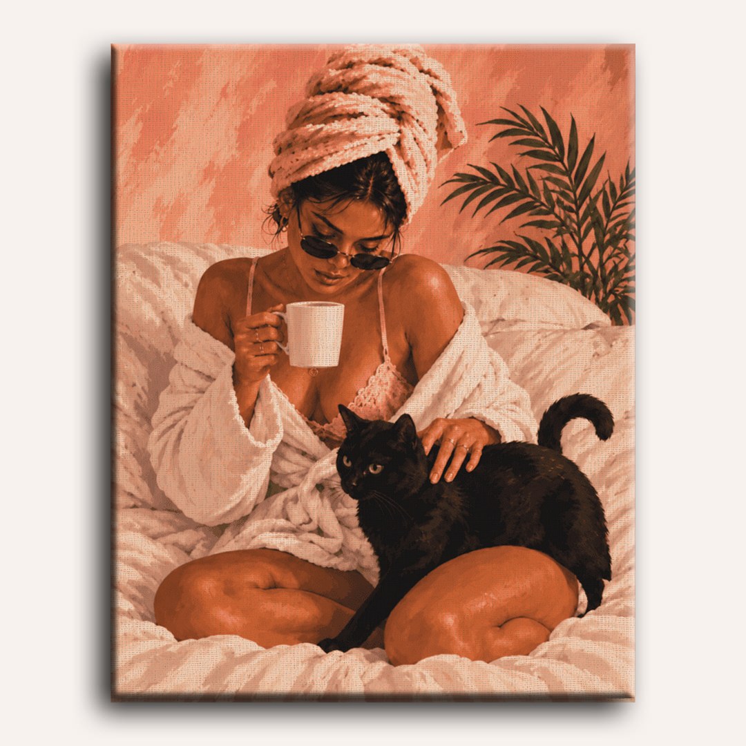 Morgonkaffe & en katt | Måla efter nummer