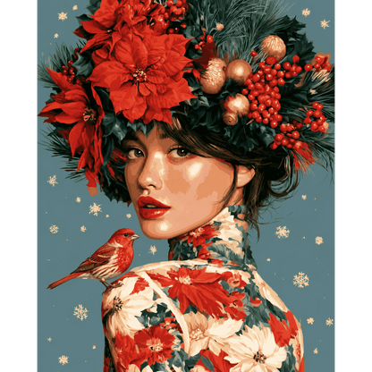 Couronne de poinsettias, roselin rouge | Peinture à numéros