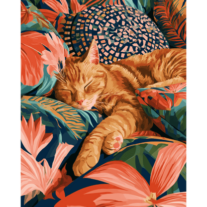 Gato atigrado entre cojines tropicales | Pintar por números