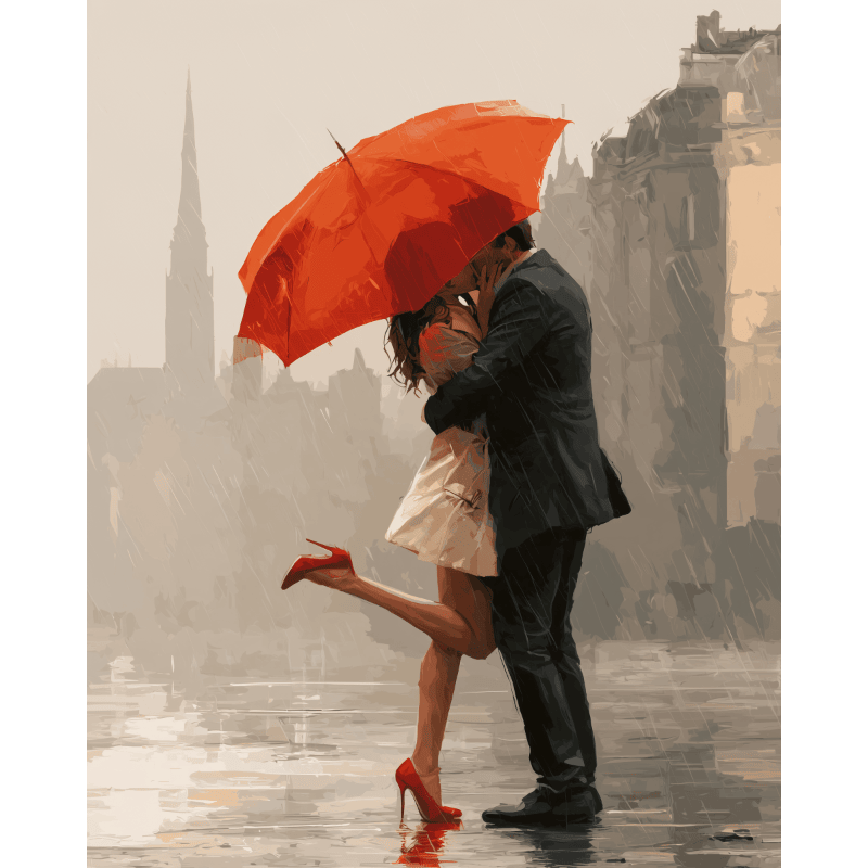 Bacio sotto l'Ombrello Rosso | Dipingi con i numeri