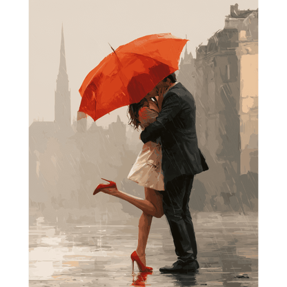 Bacio sotto l'Ombrello Rosso | Dipingi con i numeri