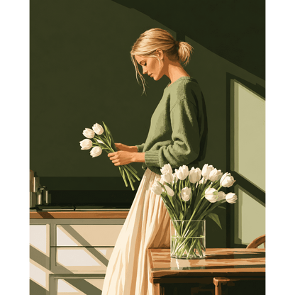 Tulipanes blancos, pared oliva | Pintar por números
