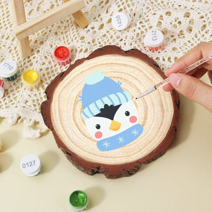 Paint by Number Pine Wood Slice - Christmas Penguin