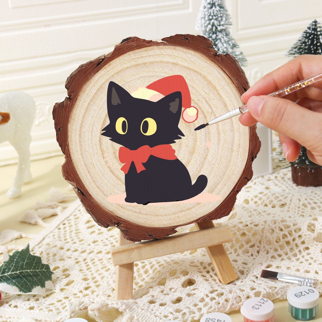 Paint by Number Pine Wood Slice - Christmas Cat