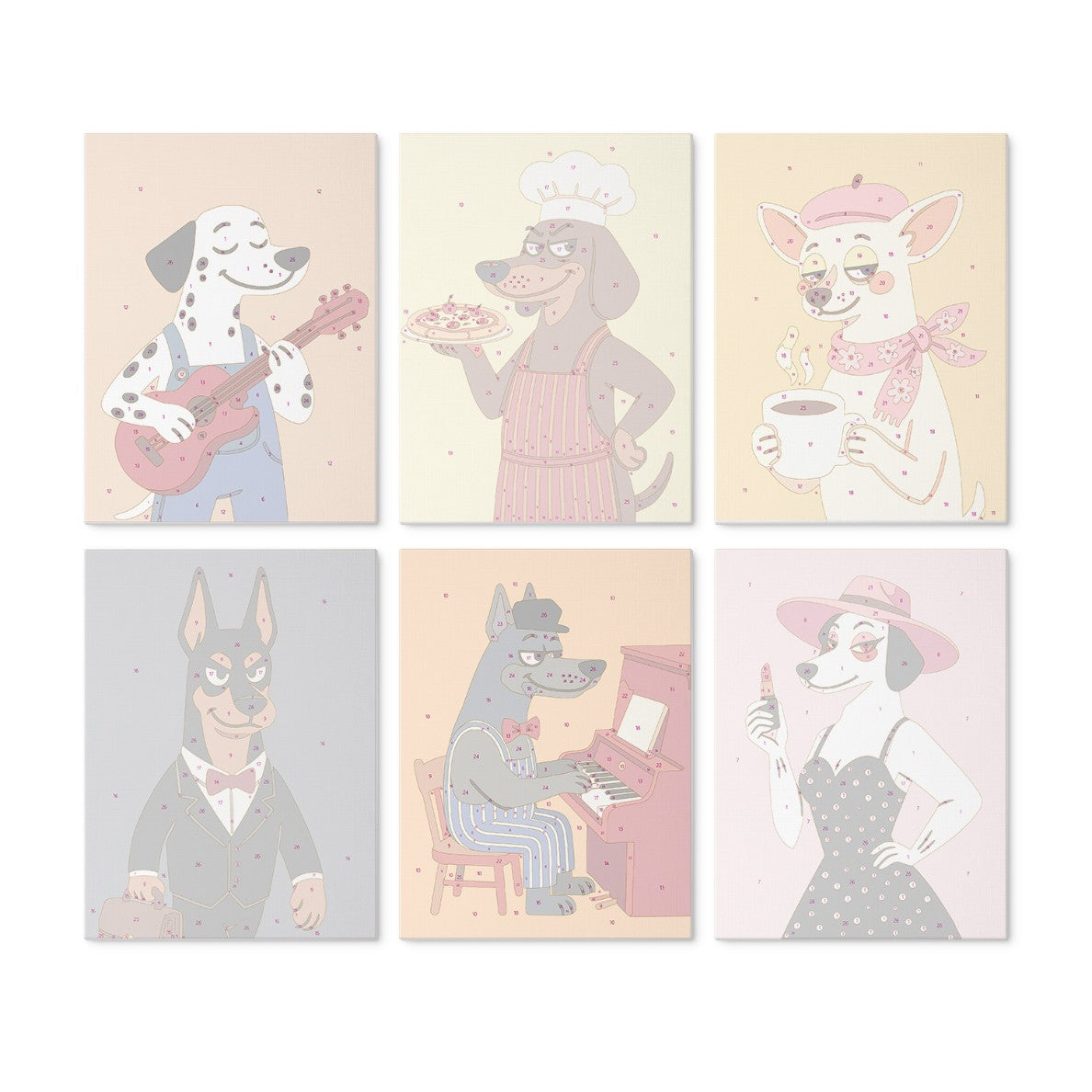 6 Wooden Board Mini Paintings – Dapper Dogs