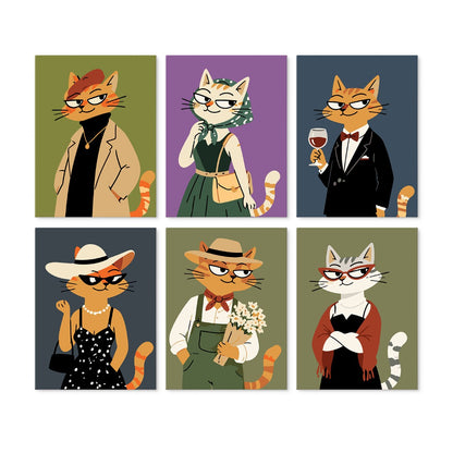 6 Wooden Board Mini Paintings – Fashionable Felines