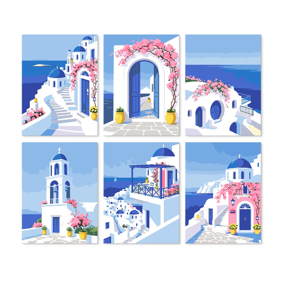 6 Wooden Board Mini Paintings – Santorini Escape