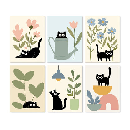 6 Wooden Board Mini Paintings – Cats Among Plants