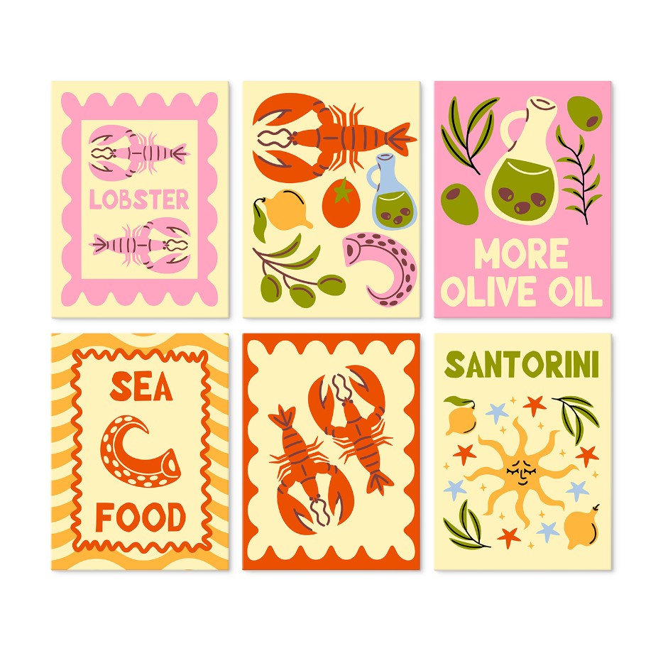 6 Wooden Board Mini Paintings – Mediterranean Catch
