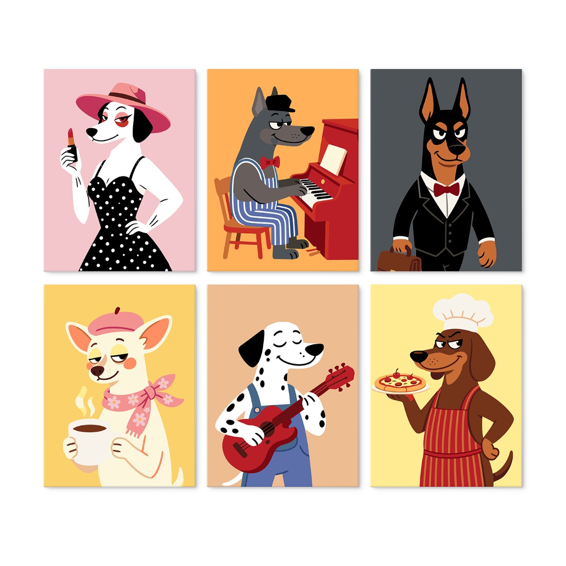 6 Wooden Board Mini Paintings – Dapper Dogs