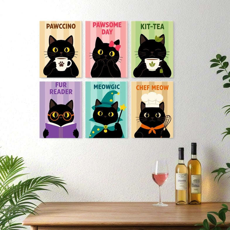 6 Wooden Board Mini Paintings – Coffee & Whiskers
