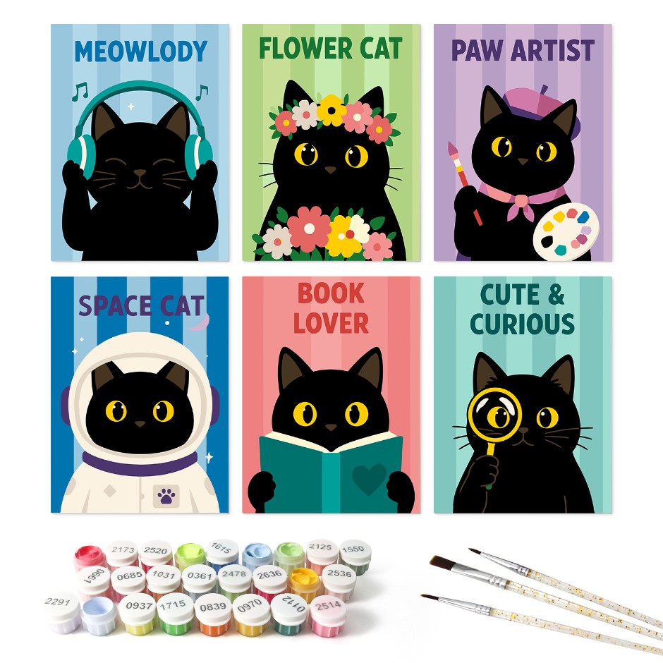 6 Wooden Board Mini Paintings – Cat of All Trades - Paint by numbers