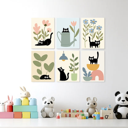 6 Wooden Board Mini Paintings – Cats Among Plants