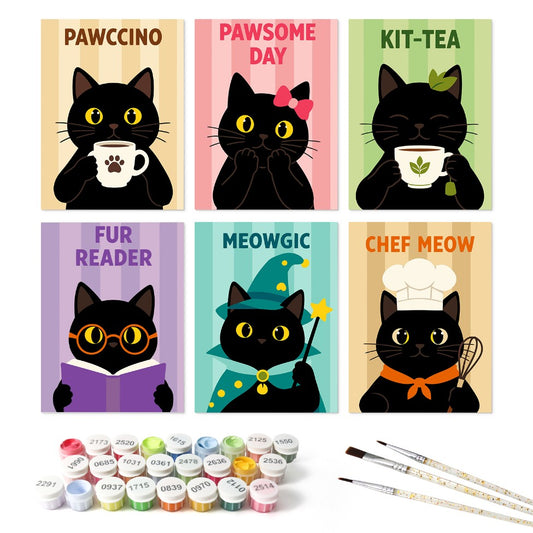 6 Wooden Board Mini Paintings – Coffee & Whiskers - Paint by numbers