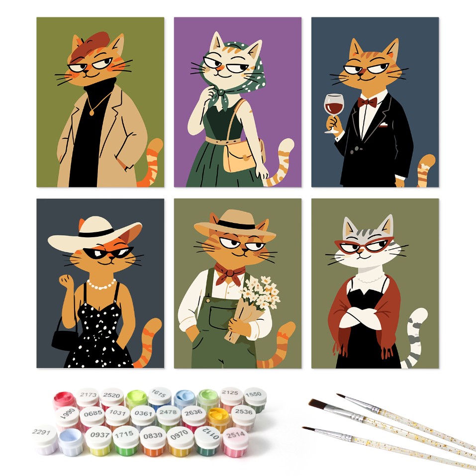 6 Wooden Board Mini Paintings – Fashionable Felines - Paint by numbers